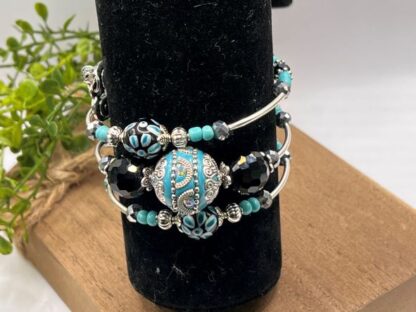 Turquoise & Black 3Coil Beaded Bold Bracelet