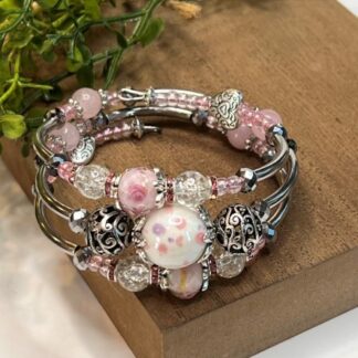 Silver & Pink 3Coil Beaded Bold Bracelet