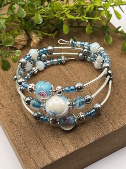 Blue & Ivory 3Coil Beaded Bold Statement Bracelet