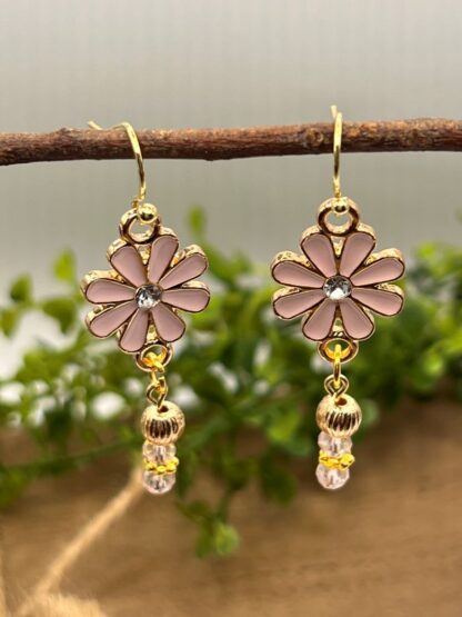 Pink Flower Beaded Dangle Earrings