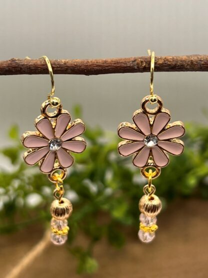 Pink Flower Beaded Dangle Earrings