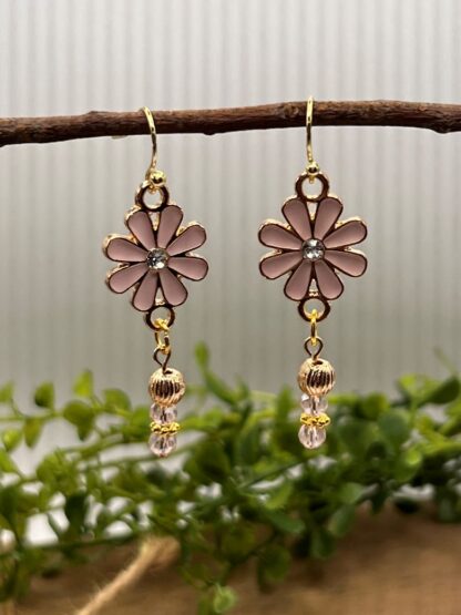 Pink Flower Beaded Dangle Earrings