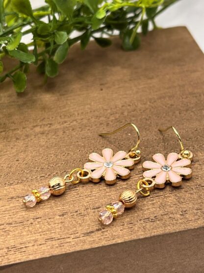 Pink Flower Beaded Dangle Earrings