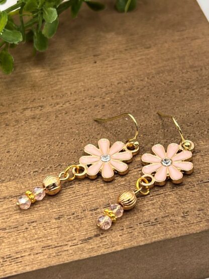 Pink Flower Beaded Dangle Earrings