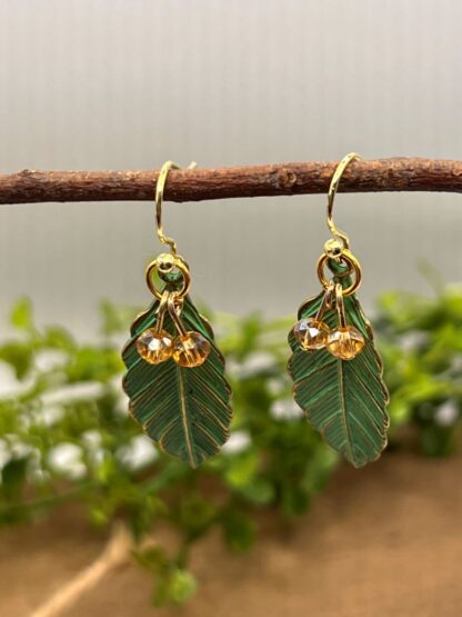 Green Leaf Beaded Dangle Earrings