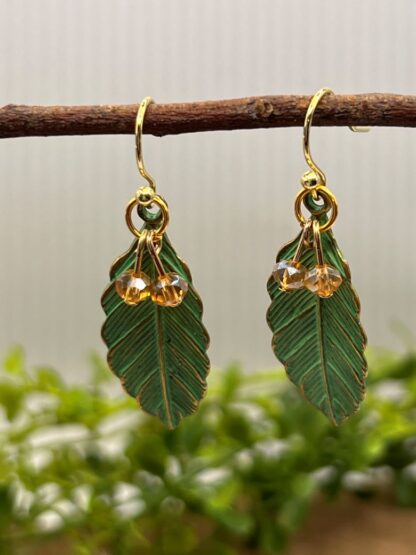 Green Leaf Beaded Dangle Earrings