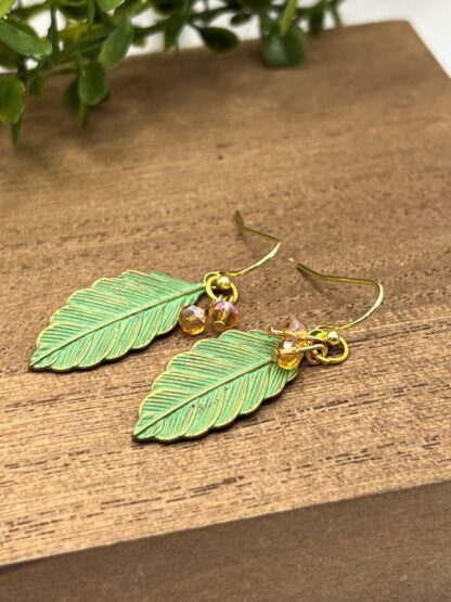 Green Leaf Beaded Dangle Earrings