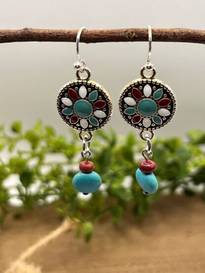 Turquoise Medallion Beaded Dangle Earrings