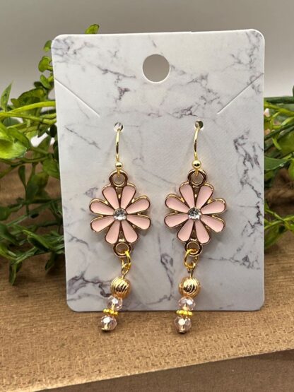 Pink Flower Beaded Dangle Earrings