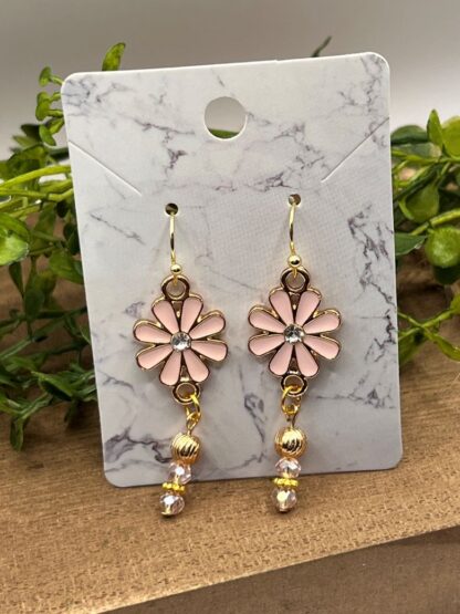 Pink Flower Beaded Dangle Earrings