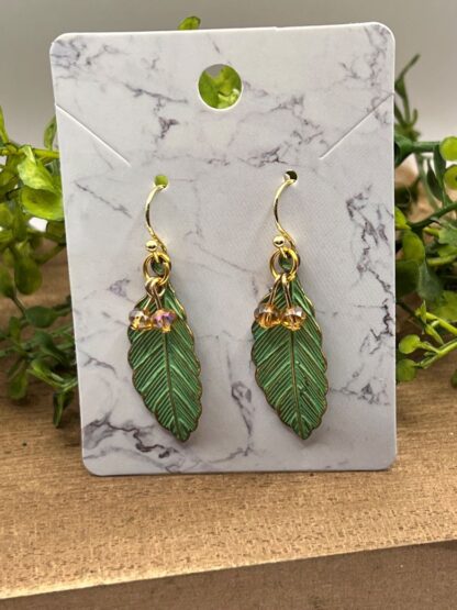 Green Leaf Beaded Dangle Earrings