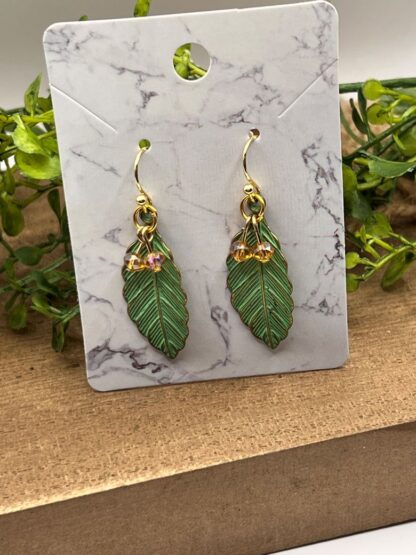 Green Leaf Beaded Dangle Earrings