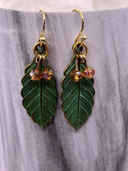 Green Leaf Beaded Dangle Earrings