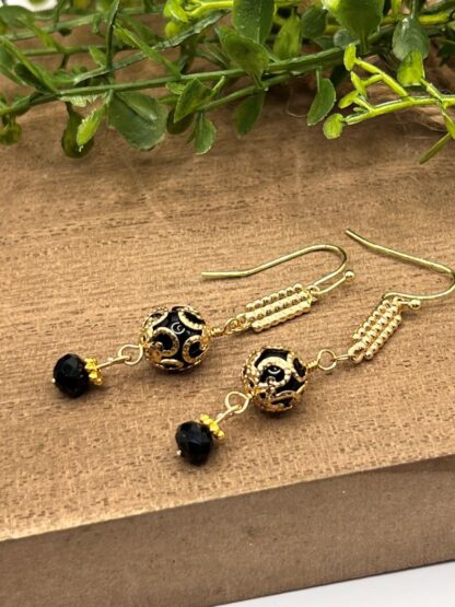 Black Beaded Dangle Earrings, Boho Style