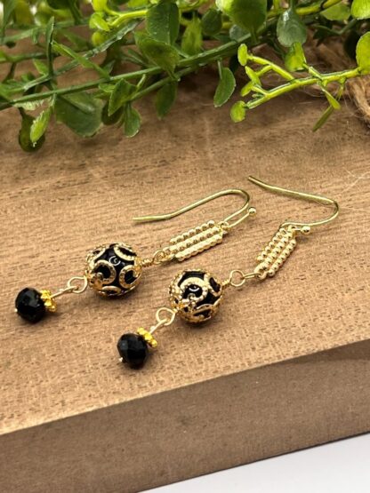 Black Beaded Dangle Earrings, Boho Style