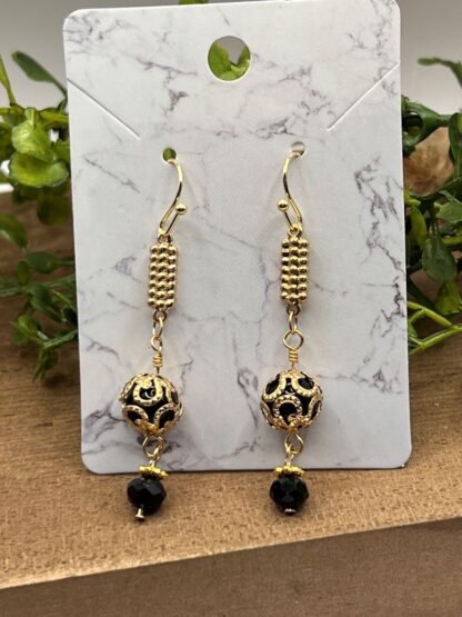 Black Beaded Dangle Earrings, Boho Style