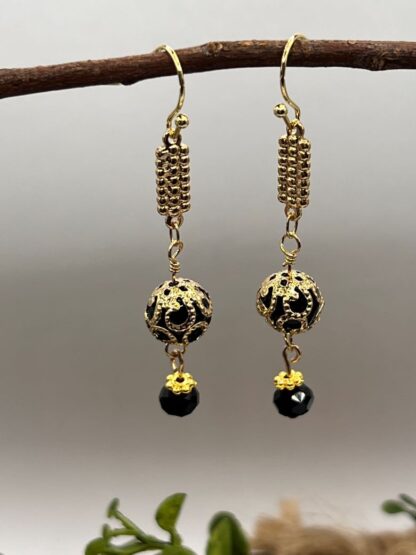 Black Beaded Dangle Earrings, Boho Style