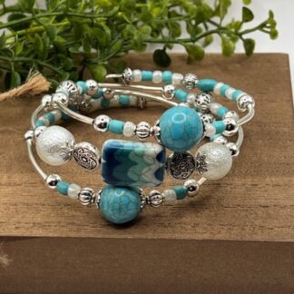 Turquoise & Cobalt 3Coil Beaded Bold Bracelet