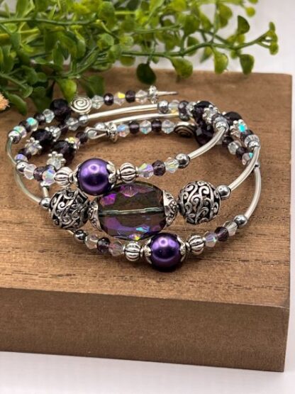 Purple Crystal 3Coil Beaded Bold Bracelet