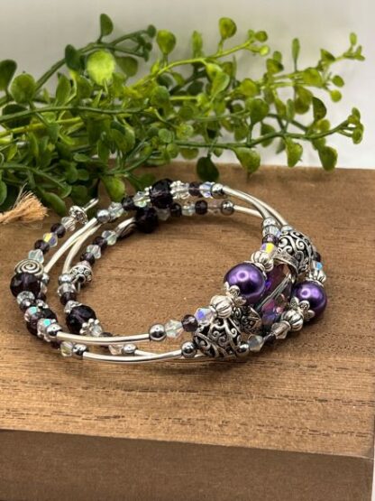 Purple Crystal 3Coil Beaded Bold Bracelet