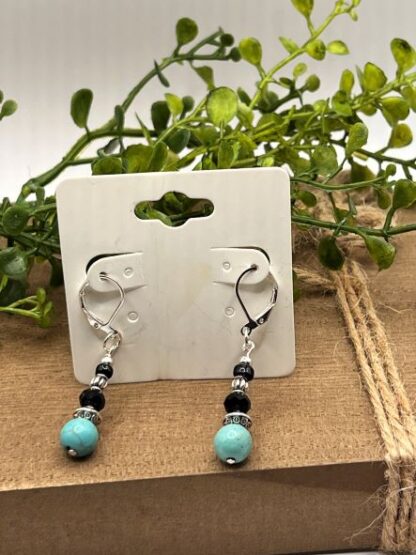 Turquoise, Black and Silver Beaded Earrings