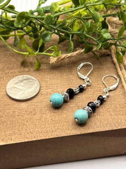 Turquoise, Black and Silver Beaded Earrings