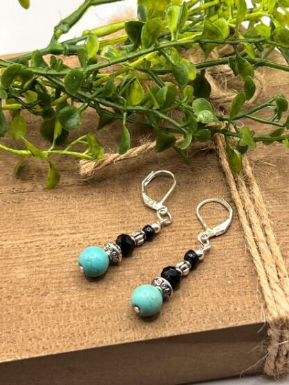 Turquoise, Black and Silver Beaded Earrings