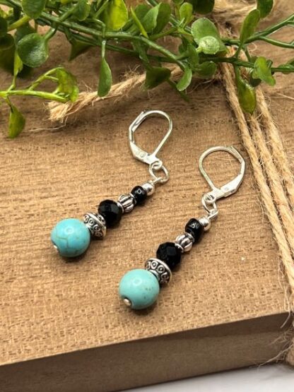 Turquoise, Black and Silver Beaded Earrings