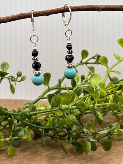 Turquoise, Black and Silver Beaded Earrings