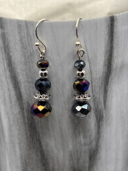 Black Iridescent, Silver Boho Earrings