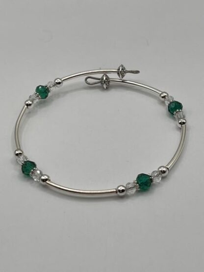 Emerald Green, Crystal & Silver Beaded Bangle Bracelet