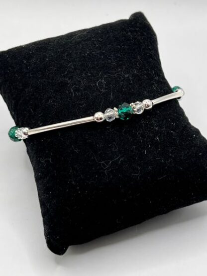 Emerald Green, Crystal & Silver Beaded Bangle Bracelet