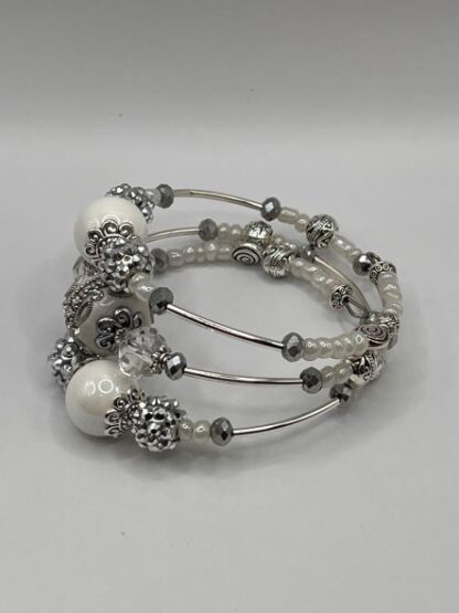 White and Silver 3Coil Beaded Bold Bracelet