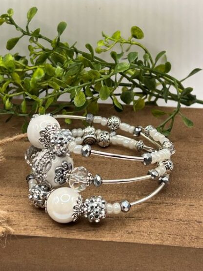 White and Silver 3Coil Beaded Bold Bracelet