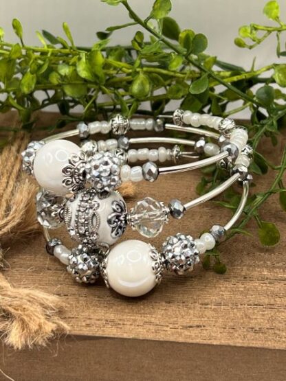 White and Silver 3Coil Beaded Bold Bracelet