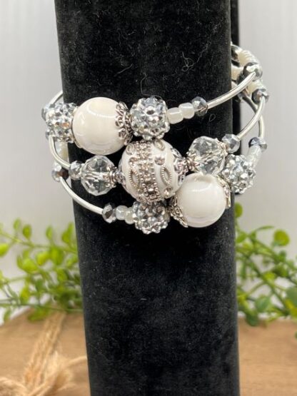White and Silver 3Coil Beaded Bold Bracelet