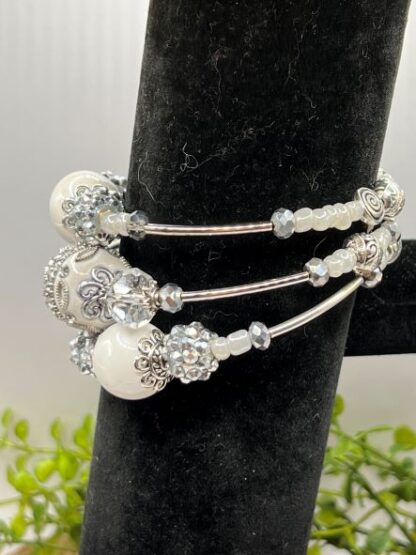 White and Silver 3Coil Beaded Bold Bracelet