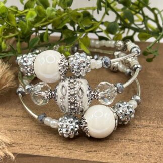 White and Silver 3Coil Beaded Bold Bracelet