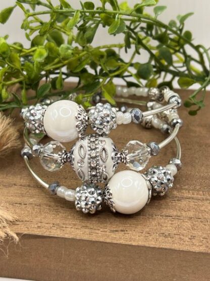 White and Silver 3Coil Beaded Bold Bracelet