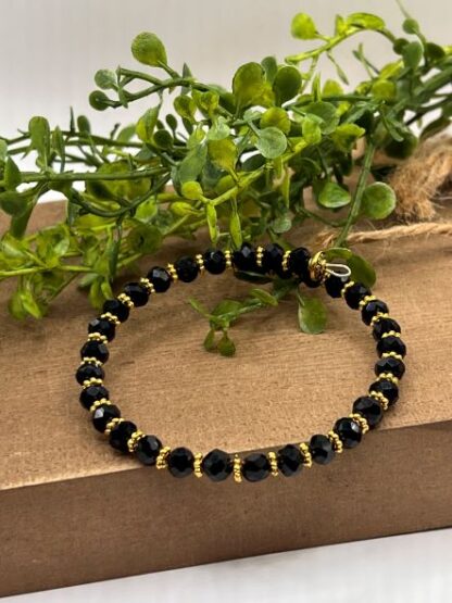 Black Crystal and Gold Boho Beaded memory wire cuff bracelet