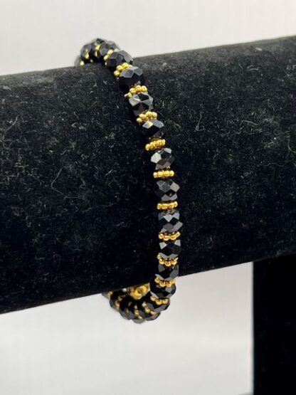 Black Crystal and Gold Boho Beaded memory wire cuff bracelet