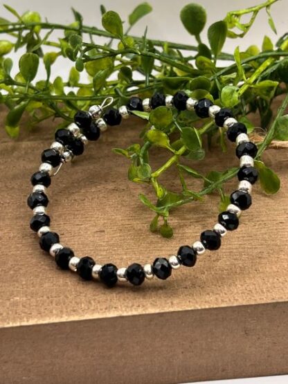 Black Crystal and Silver Boho Beaded memory wire cuff bracelet