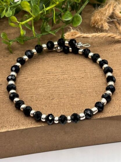Black Crystal and Silver Boho Beaded memory wire cuff bracelet