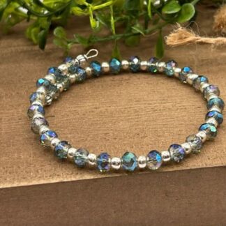 Aqua Crystal and Silver Boho Beaded memory wire cuff bracelet