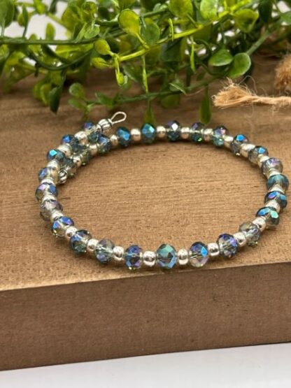 Aqua Crystal and Silver Boho Beaded memory wire cuff bracelet