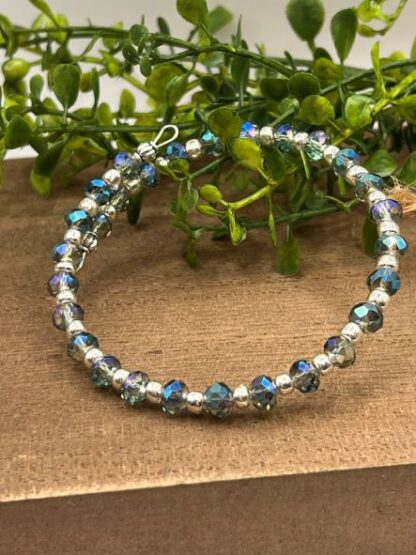 Aqua Crystal and Silver Boho Beaded memory wire cuff bracelet