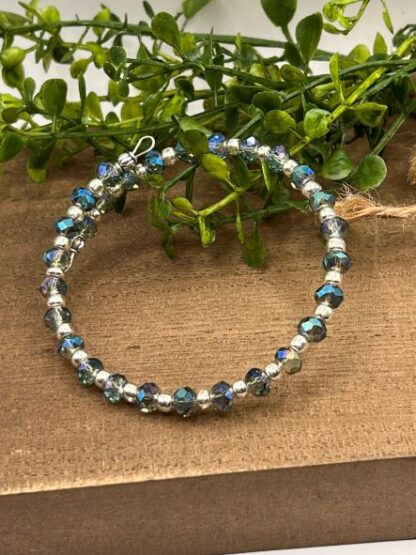 Aqua Crystal and Silver Boho Beaded memory wire cuff bracelet
