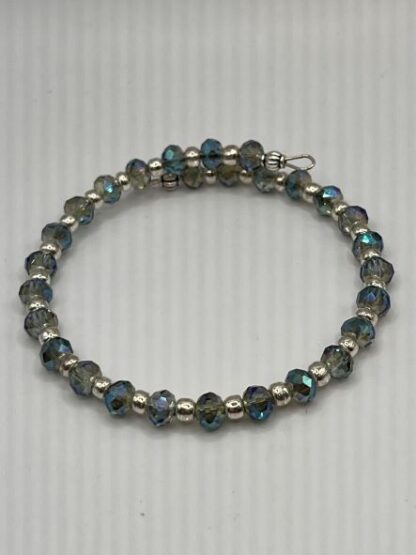 Aqua Crystal and Silver Boho Beaded memory wire cuff bracelet