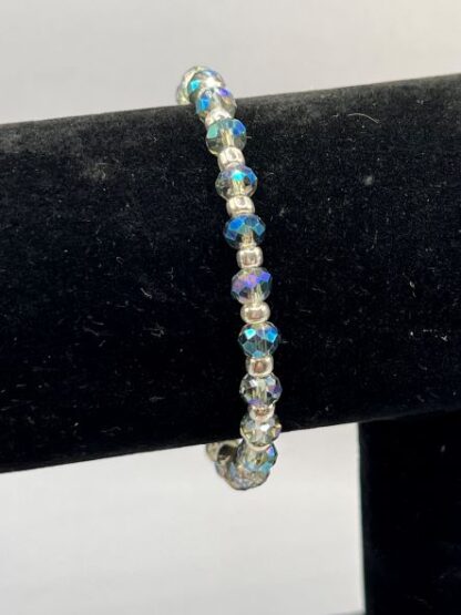 Aqua Crystal and Silver Boho Beaded memory wire cuff bracelet