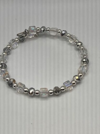 Crystal and Silver Boho Beaded memory wire cuff bracelet